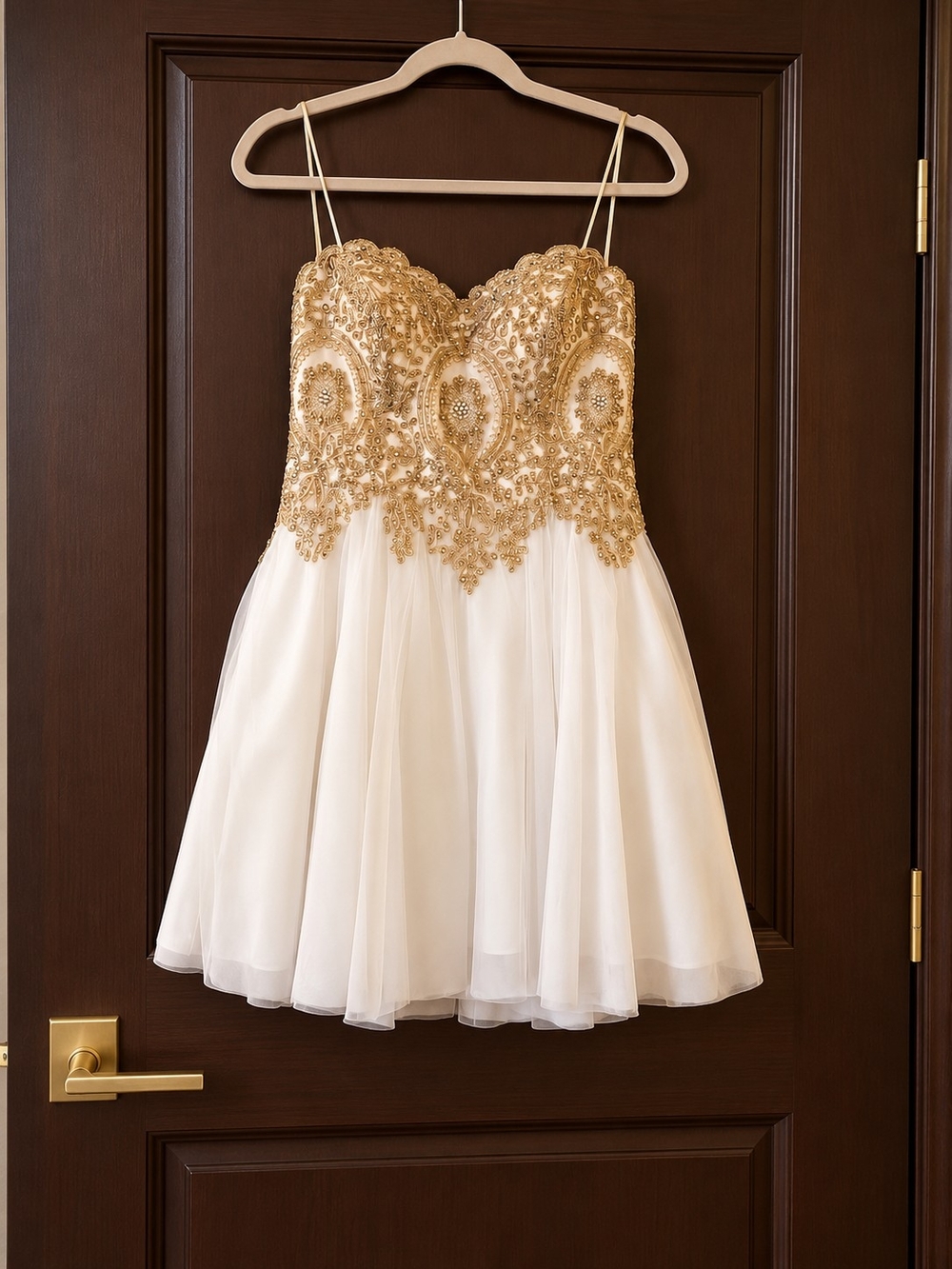 TLC Say Yes to the Prom Ivory & Gold Embellished Formal Dress – Juniors Size 13